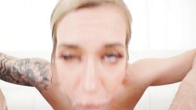 Inked Juicy Blonde Gets THROATED By A Huge Dick