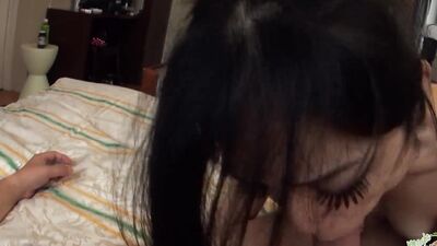Sucking a hard hairy shaft was enough to make the naughty asian milf cum