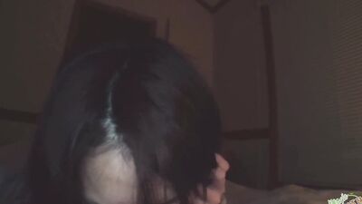 Brunette Asian girl is fed loads of cum by a chubby guy in a threesome