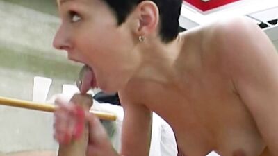 Dark haired German slut eating all the cum from a long cock