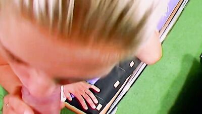 A slim blonde babe from Germany gets banged and sprayed with cum