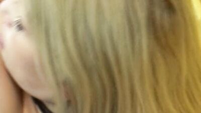 Amazing blonde babe getting her natural boobs covered with cum