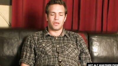 Inked handsome guy whips his big dick out and jerks it off