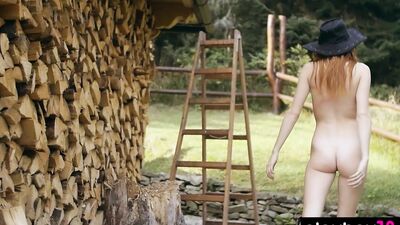 Small titted redhead Russian naked babe Kate Great chopping wood outdoor