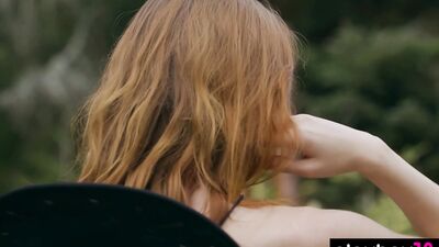 Small titted redhead Russian naked babe Kate Great chopping wood outdoor