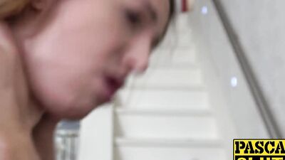 Naughty cockgagging Liz Rainbow squirts all over stairs