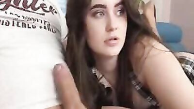 Brunette With Gorgeous Face Sucking Huge Cock