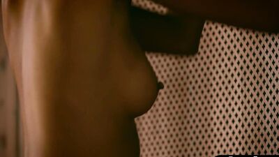 Curly ebony model shows perfect petite body after hot striptease action
