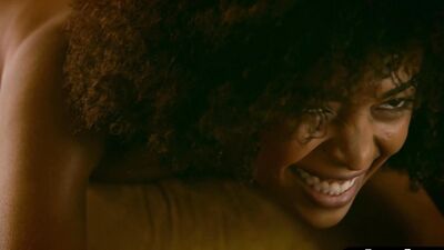 Curly ebony model shows perfect petite body after hot striptease action