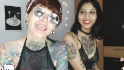 Tattooed Latina amateur lesbians on webcam show