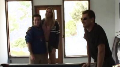 Five horny UK guys make a tall girl get on her knees and suck them