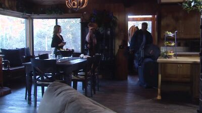 MILF with big boobs gets her pussy banged by the fireplace