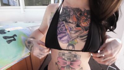 Slim Tattooed Babe in Bikini Rides Thick Cock
