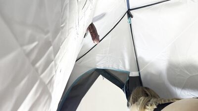 Hot and Cute Babysitter in Sexy Lingerie gives a Big Cock in a Tent to make Precum Dripping