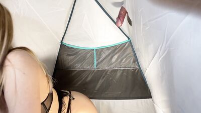 Hot and Cute Babysitter in Sexy Lingerie gives a Big Cock in a Tent to make Precum Dripping