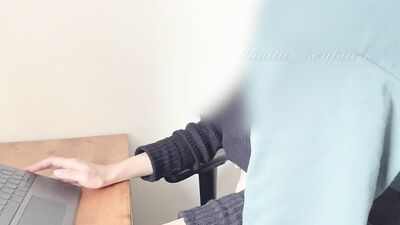 A beautiful woman says, "No, I'm at work, handsome," but she can't resist the handjob and comes hard
