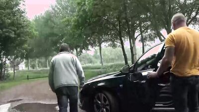 A chubby German blonde pleasing two cocks outdoors