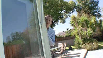 Brunette teen sunbathes and gets fucked by the owner of the house