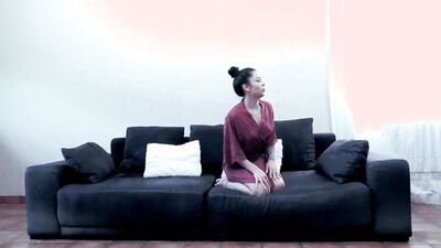 Spanish couple with amazing young brunette with natural body fucking on the sofa