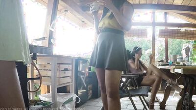 No Panties Mini Skirt Short Skirts Barbeque Party with Hot Tight Shaved Pussy Girls Outdoors