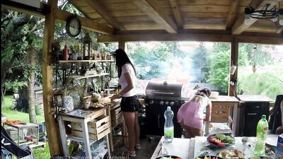 No Panties Mini Skirt Short Skirts Barbeque Party with Hot Tight Shaved Pussy Girls Outdoors