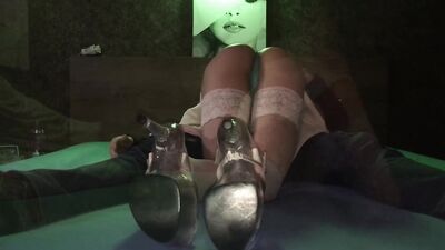 Petite stripper in white stockings and high heels got fucked with anal creampie
