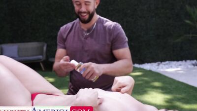 Sophia Burns gets oiled up by dad's neighbor before asking him to fuck her while daddy's gone