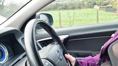 MILF Driving with tits out, bra, short skirt, see-through top, around the city