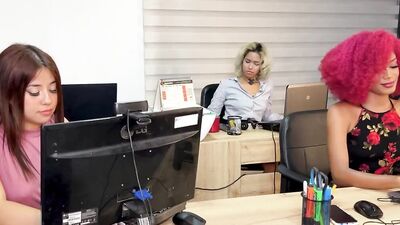 Delivery man ends up in a hot interracial orgy with secretaries in the office - CelesteAlba
