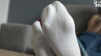 Very smelly and worn white Puma socks (POV foot worship, socks worship, stinky socks, foot smelling)