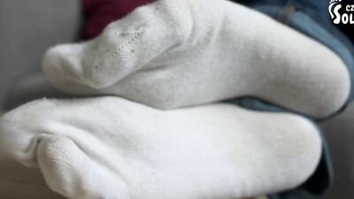 Very smelly and worn white Puma socks (POV foot worship, socks worship, stinky socks, foot smelling)