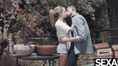 Cute blonde gives her boyfriend an eager suck and fuck outdoors