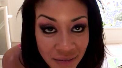 Ebony hottie Pink loves having anal threesomes with two white cocks and tasting their cum