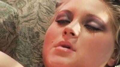 Busty blonde hottie strips seductively until his huge dick is ready to plow her tush