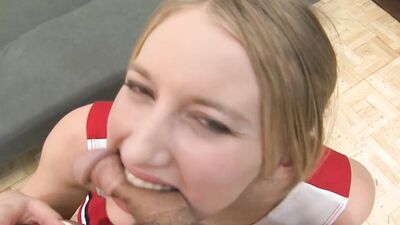After ballbusting and biting the nerd the blonde femdom lets him use her wet pussy