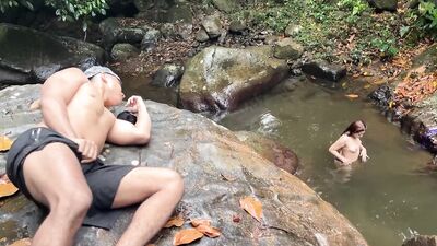 Outdoor fuck at the Rio Pance in Cali Colombia with a stranger jerking off while watching me - Angel Cruz & Celeste Alba