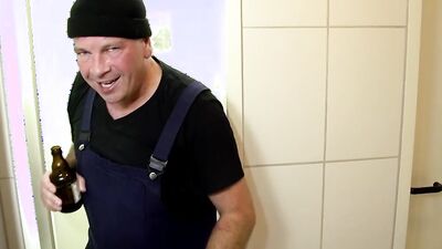 Mature woman meets two big hard cocks at the bathroom