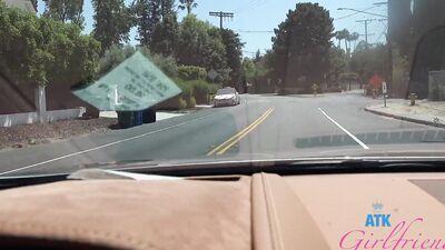Hanging out with amateur babe Riley Rose on the beach and getting head on the road POV