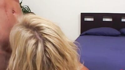 Masculine blonde MILF TJ Powers straddles a guys cock and rides it until he cums