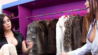 A Scared Brunette Saleswoman Offers Her Lesbian Customer a Strapon Ride Instead of a Jacket