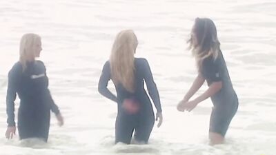 After Surfing the Two Gorgeous Blondes Have Some Naughty Lesbian Fun by the Outdoor Pool