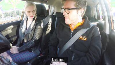 Fake Driving School - Instructor is caught masturbating by a SEXY BLONDE with fantastic tits
