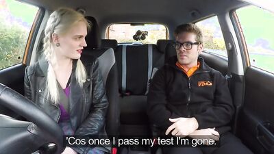Fake Driving School - Instructor is caught masturbating by a SEXY BLONDE with fantastic tits