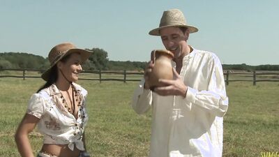 "Sandra Romain with natural tits and Steve Holmes outdoor sex "