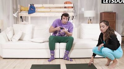 Lady Gang Fucks Virgin StepBro While He's Playing A Game - HORNY HOSTEL