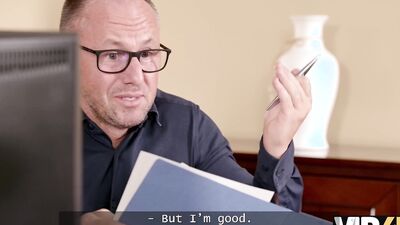 VIP4K. Sexy blonde with long legs and big natural tits is fucked during the job interview