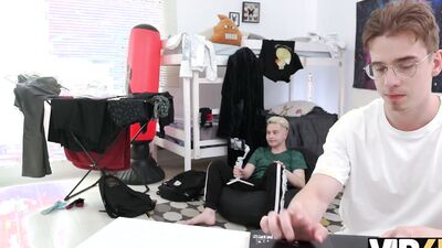 VIP4K. Blonde Russian tutor canceled the lecture and fucked 2 students at once