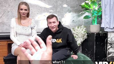 VIP4K. Young beauty with natural tits is cheating on her BF in front of him