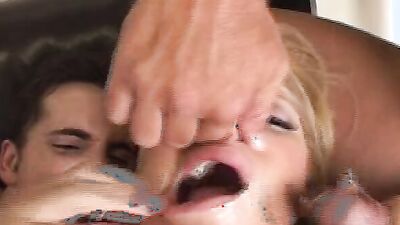 Busty babe blow deep two guys with huge dicks before getting hard DP