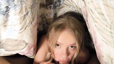 My stepsister snuck under my blanket and woke me up with a blowjob.